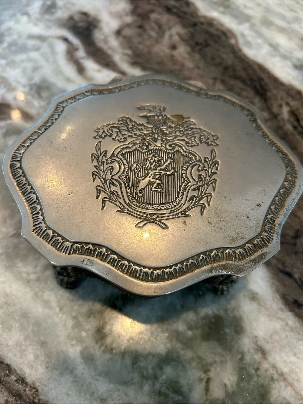 Vintage Decorative Silver-Tone Trinket Box with lions bottom missing portion
